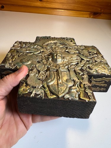 Grande croce vintage Messico Milagro arte popolare legno ottone ex voto ESTELA OGAZON - Foto 6 di 17