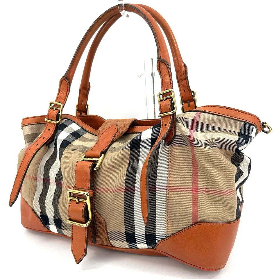 BURBERRY 2way Tote Bag Shoulder Bag Brown Leather Buckle Check  Canvas Authentic - Image 2 of 4