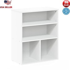 3 Tier Adjustable White Wood Bookcase Rectangular Display Floor Mount Any Room