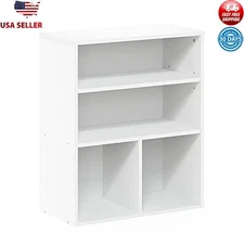 3 Tier Adjustable White Wood Bookcase Rectangular Display Floor Mount Any Room