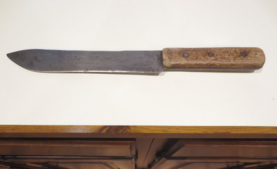 ANTIQUE 13'' BUTCHER CARVING KNIFE 8 1/4'' CARBON STEEL BLADE 3 RIVET WOOD HANDLE