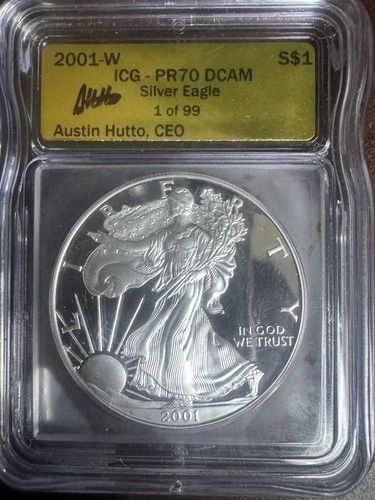 2001 W PR 70 Dcam Silver Eagle 1 Of 99 Austin Hutto Gold Rare Rare Collecto🔥