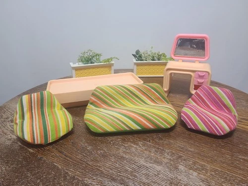 Vintage Barbie Dream House Furniture 1978 Couch, Chair, Bed, Vanity, Flower Beds