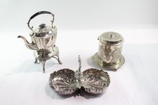 Silver Plate Biscuit Tin Teapot and Fruit Bowl Walker & Hall Vintage 2823g