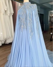 Sky Blue Morocco Caftan Evening Formal Dresses with Cape Muslim Luxury Prom Gown