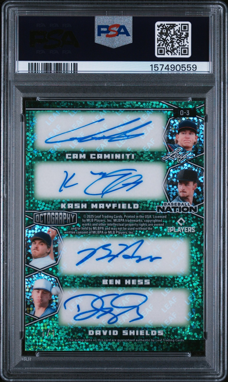 2025 Leaf Baseball Nation Octography #3 Multiplayer Green Sprk 1/1 PSA 8 view 2