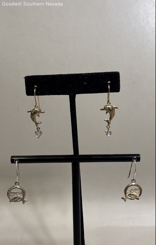 Two Pairs of Silver Dolphin Themed Dangle Earrings (1 Pair with Topaz)