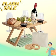 Folding Bamboo Wine Picnic Table w/ Glass Holder, Mat  Tote