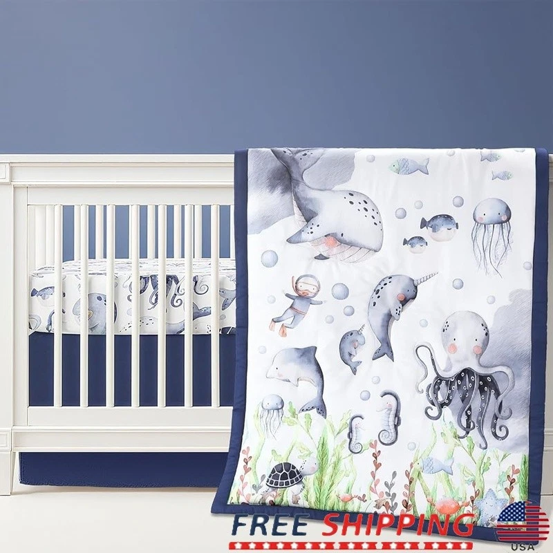 Ocean Themed Baby Crib Set Marine Life Bedding Quilt Fitted Sheet Skirt Nursery
