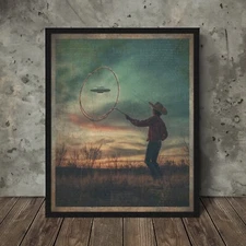 UFO COWBOY LASSO Wall Art, Retro Western Celestial Sunset UAP Alien Poster Decor