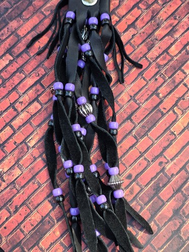 HAWG TYD Leather Hair Wrap Black 3 Snap Ponytail Barrette Skulls EUC purple - Picture 7 of 7