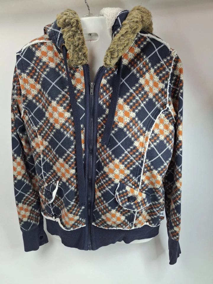 VTG Y2K Self Esteem Zip Up Hoodie Jacket XL Argyle Plaid Sherpa Thumbhole Grunge - Image 3 of 4