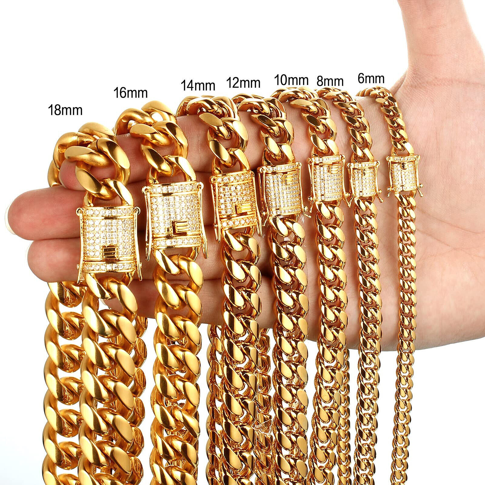 7.5-30 Inch 18K Gold Plated Stainless Steel Cuban Link Chain Necklace for Men Hip Hop Jewelry