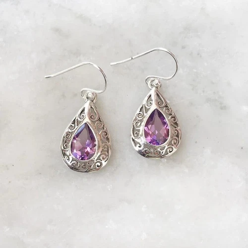Pear Amethyst Gemstone 925 Sterling Silver Dangle Handmade Genuine Earrings