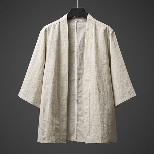 Men Cotton Linen Kimono Open Front Cardigan Jacket Loose Yukata Top Casual - Picture 1 of 14