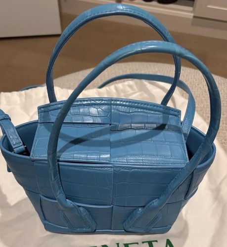 Bottega Veneta Exotic Blue Mini Crocodile Arco Tote with Strap 100% Authentic