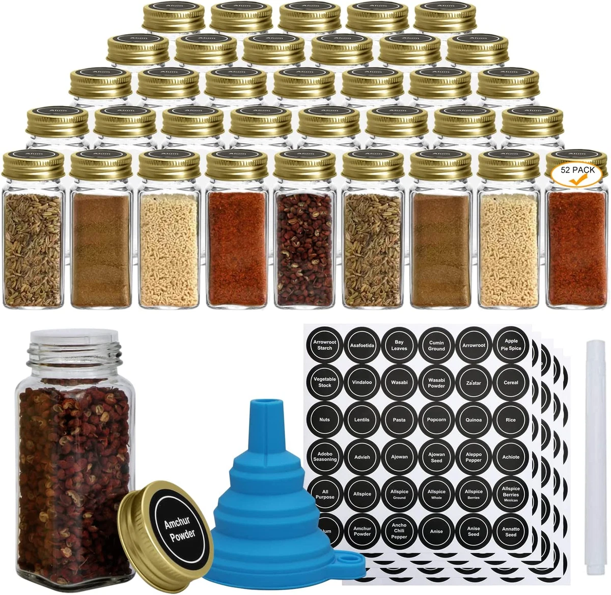 52 Pcs Glass Spice Jars,4Oz Square Spice Containers with Golden Caps,Glass  Spic