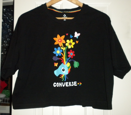 Converse Cropped Tee Unisex XL Schwarz & Regenbogen Blumen Unicorn Pride Herren Damen