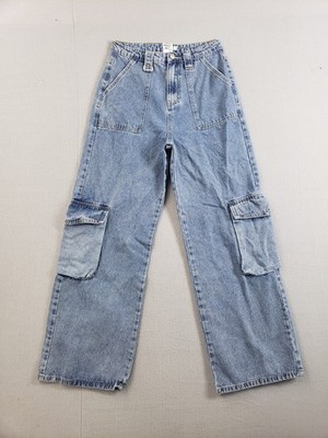 Princess Polly Women Cargo Jeans 6 Blue Denim Wide Leg High Rise Button Casual
