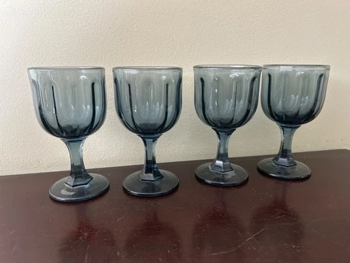 Set Of 4 Fenton Federal Blue Glass American Legacy Pattern Stemmed Goblet  Glass