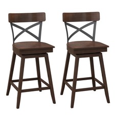 Set of 2 Wooden Swivel Bar Stools Counter Height Kitchen Chairs w/ Back Brown
