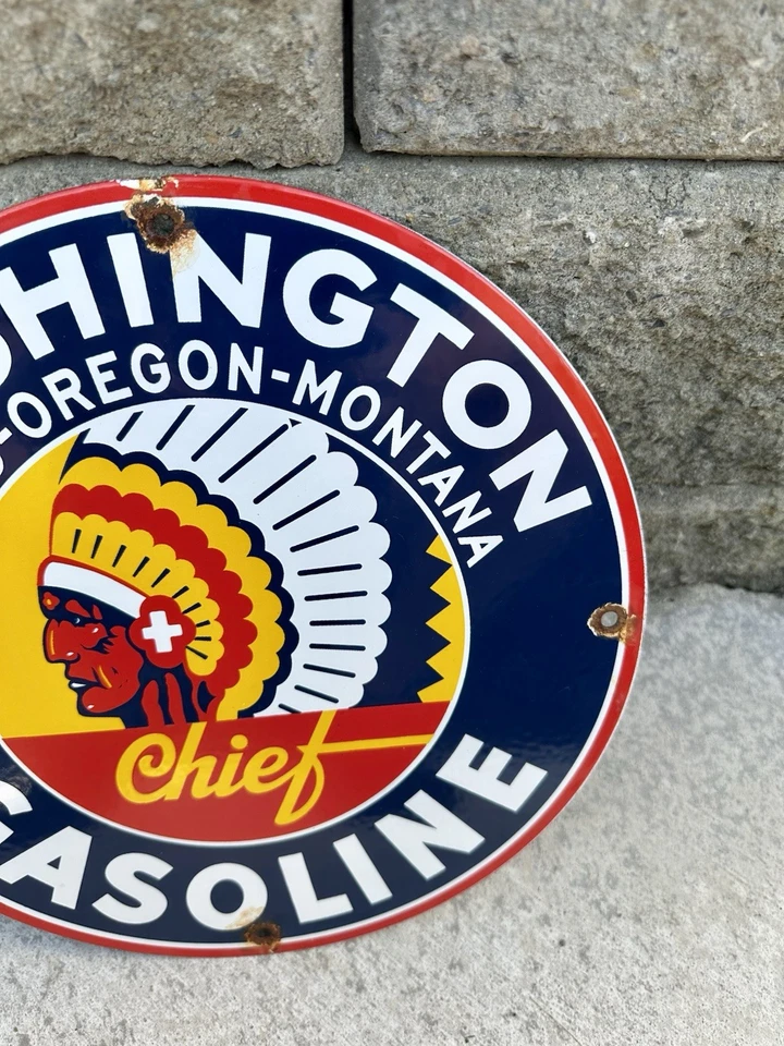 Vintage Washington Gasoline Sign Indian Chief Gas Motor Oil Pump Porcelain Sign - Image 3 of 4