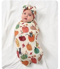 NIB Little Sleepies Pumpkin Pals Swaddle  Luxe Bow Headband Halloween Photo