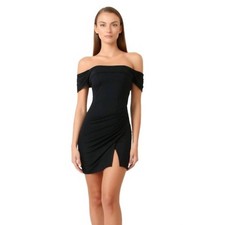 EMERALD SUNDAE Dress Womens Size M Black Mini Bodycon Off Shoulder Ruched Party