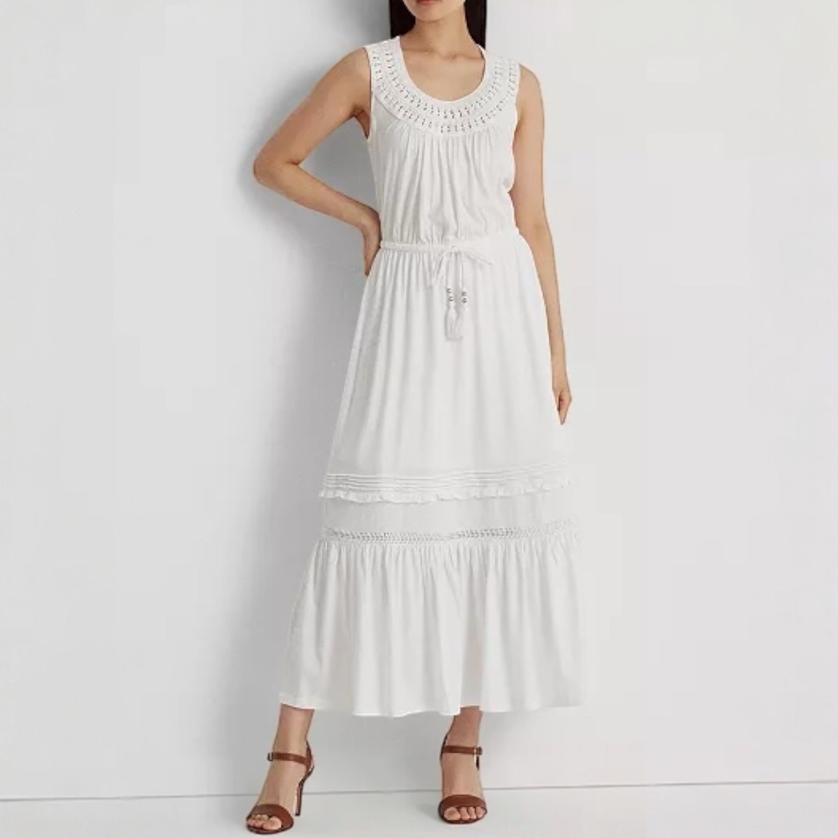 Ralph Lauren Maxi Dress Size 12 Crocheted Jersey Sleeveless White Boho  Peasant