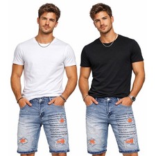 Bermuda Jeans Homme Denim Pantalons Courts Déchirés Élastiques Bleu Neuf 6656A