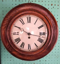 Antique French Wood Wall Clock, 14 3/4" Dia Wood Convex Glass, Matching Numbers 