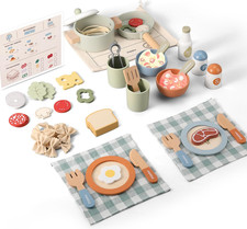 Wooden Play Cooking Set, Pretend Play Kitchen Accessories Toys Set for Kids Todd