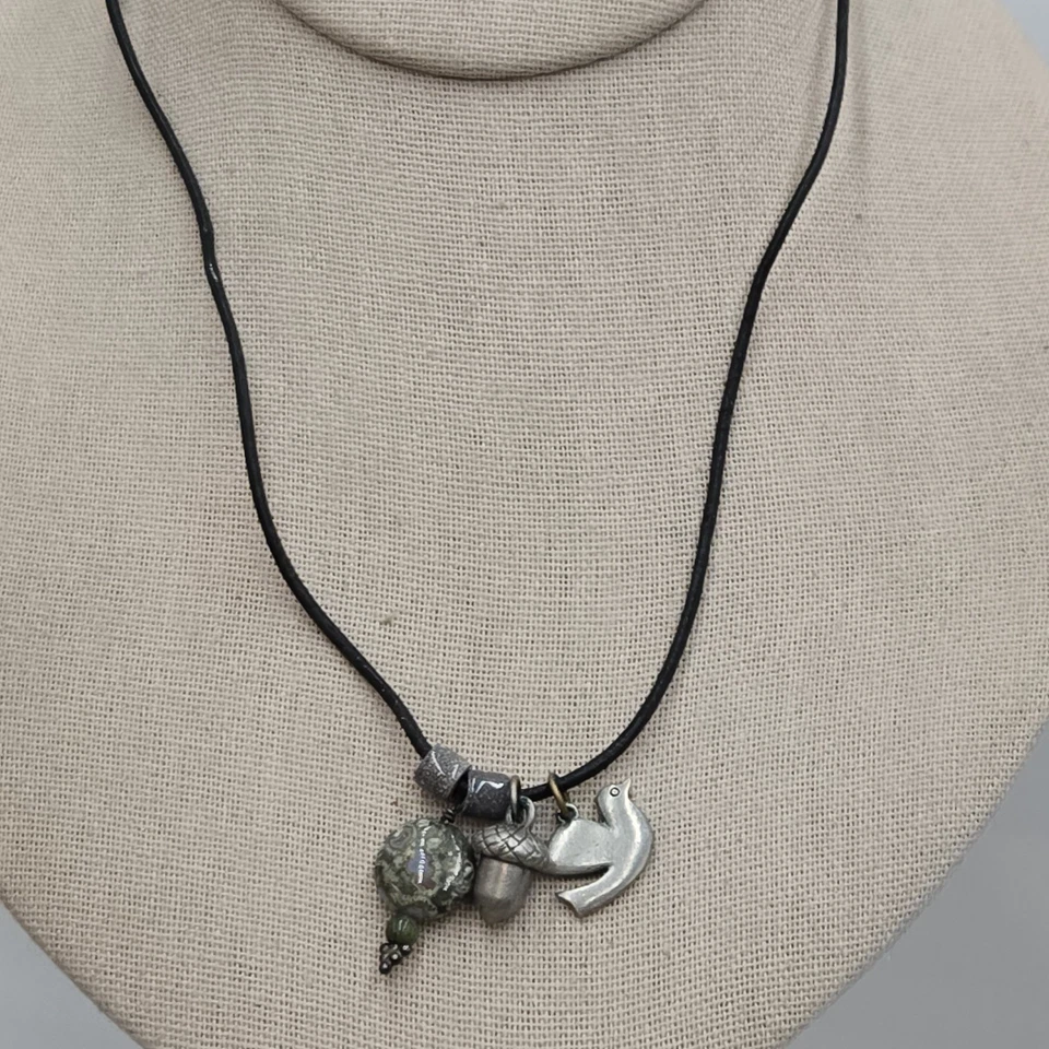 Vintage Pewter Dove Acorn And Jasper Charms Pendant On Leather Sterling Necklace - Image 2 of 4