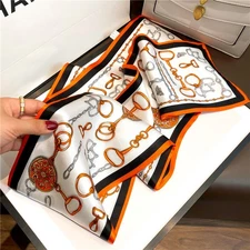 Double Sided 100% Pure Silk Long Scarf Women Orange Chains Neckerchief 150*15cm