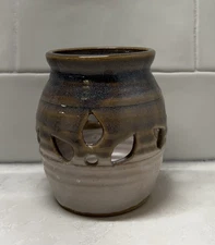 Handcrafted Ceramic Decorative Vase/Votive Brown Cutout Design Signed