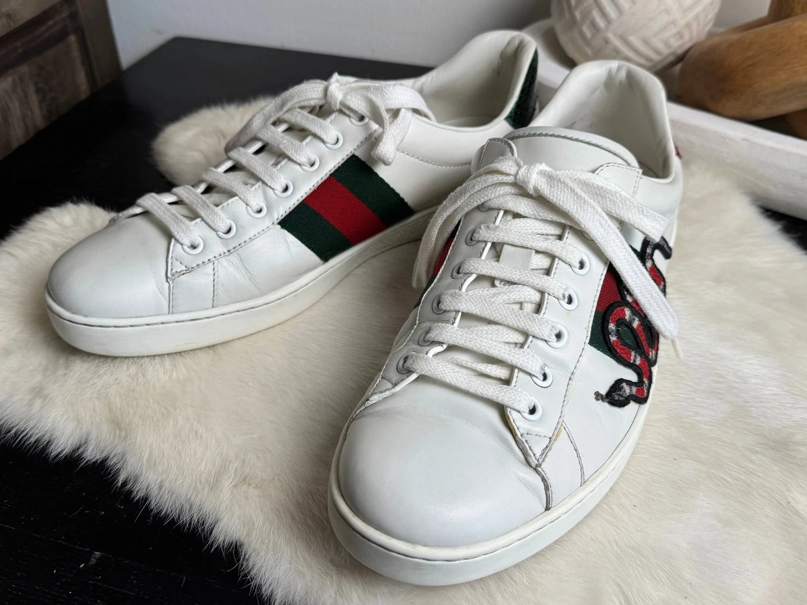 Gucci Ace Baskets Serpent Hommes 9 Blanc Logo Chaussures Cuir Bas Hauts 456230