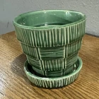 Vintage McCoy Pottery Green Basketweave Flower Pot Planter Attached Saucer 3.5"