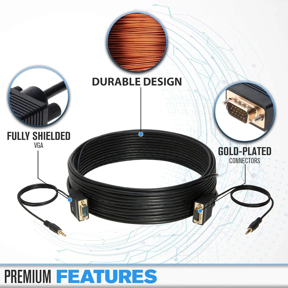 3-Pack - 35FT SVGA M/M + 3.5mm Aux Audio Cable Jack for Monitor PC Projector TV - Image 2 of 4