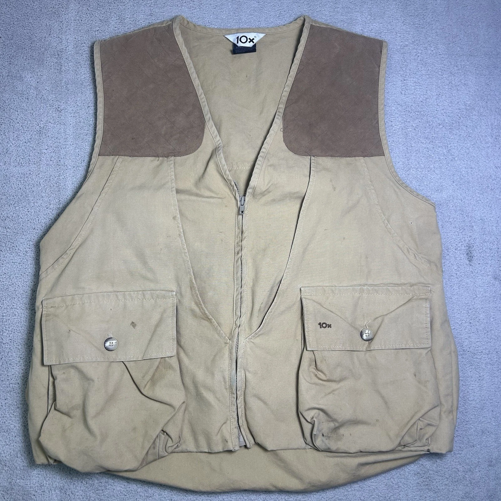 Vintage 10X Hunting Vest Men’s Beige Canvas USA Made Utility Pockets Outerwear