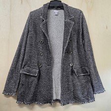 Chicos Black White Knit Tweed Blazer Jacket Fringe Trim Double Breasted Size 2 L