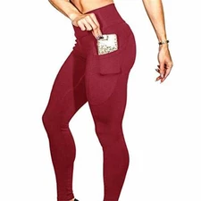 All Fit Women's Leggings with Pockets Yoga Pants  Wine red Workout Pants(MEDIUM)