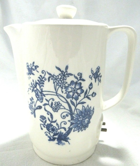 Vintage Electric Teapot Blue White Porcelain Ceramic With Flowers And