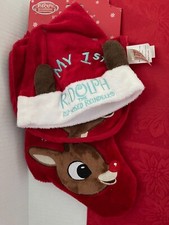 Rudolph the Red Nosed Reindeer Baby Set Hat,Bib,Stocking Brand New 