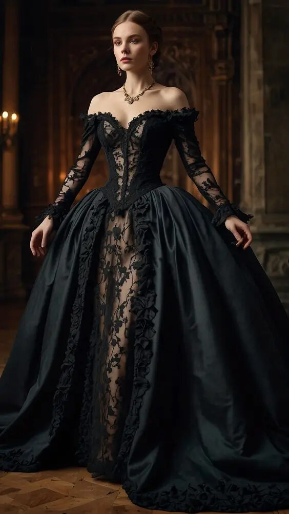 Gothic Victorian Prom Dresses with Detachable Train Long Sleeve