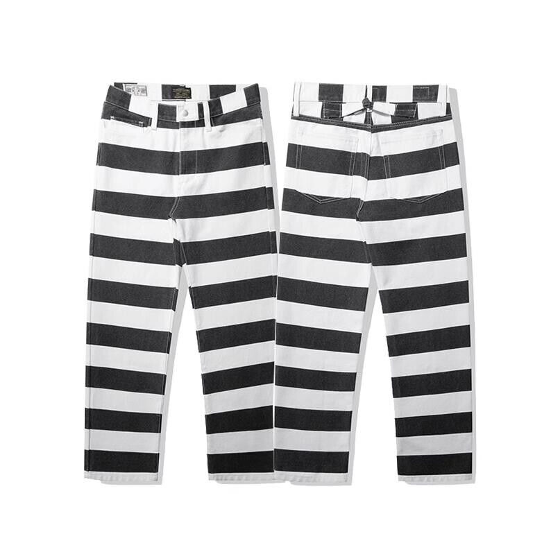 OKONKWO Men's Classic Prisoner Striped Motorcycle Jeans Pants Canvas Denim  Pants