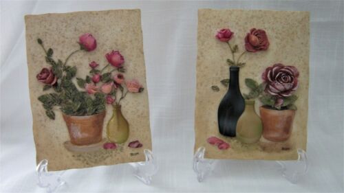 Set of 2 Cheri Blum 3D WALL PLAQUES Flowers in Clay Pots & Acrylic Vases - Picture 1 of 12