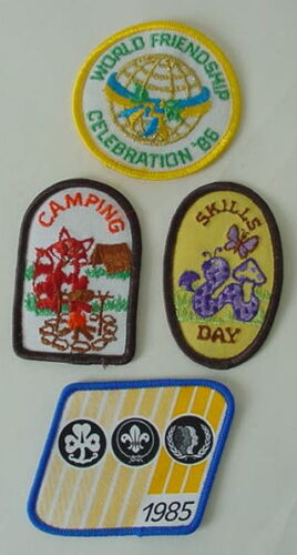 Vintage 1980s Girl Scout Guide Patch lot SKILLS DAY CAMPING WORLD FRIENDSHIP ‘86