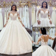 Luxury Wedding Dresses Long Sleeve High Neck Princess Lace Appliques Ball Gowns