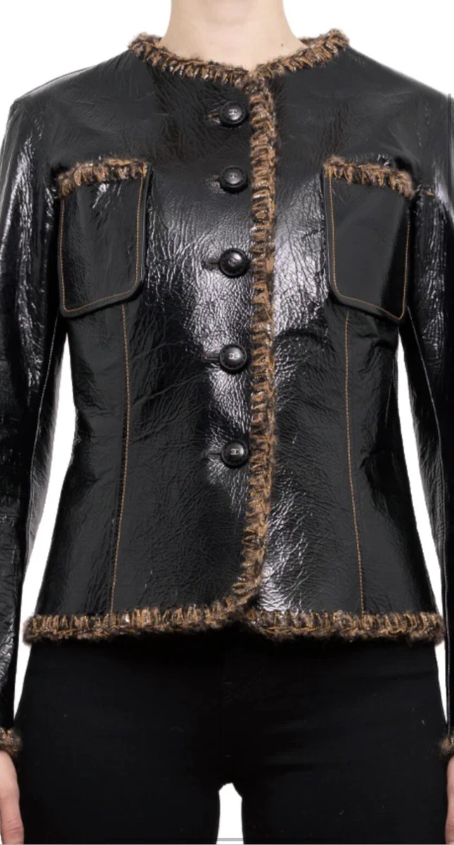 Chanel Pre Fall Black Lambskin Leather Tweed Trim Jacket 42