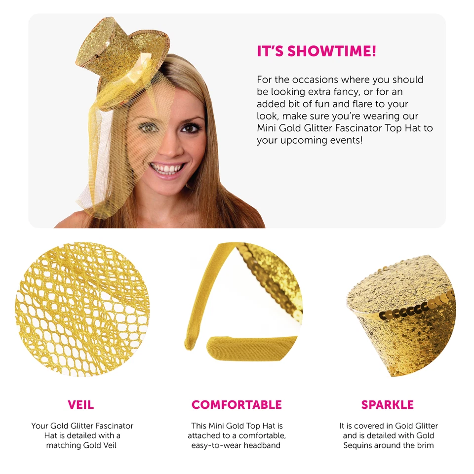 GOLD MINI TOP HAT WITH NET GLITTER FASCINATOR FANCY DRESS ACCESSORY CHRISTMAS - Image 2 of 4